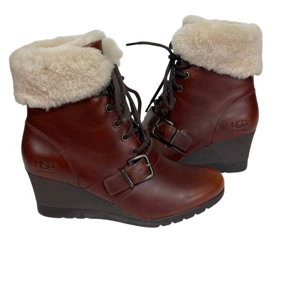 UGG Women’s Janney Brown Leather Waterproof Wedge Boot size 7 - Picture 3 of 10
